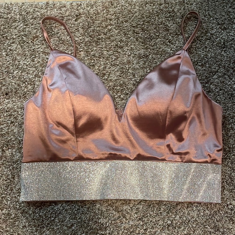 Forever 21 ENTRY Mauve Pink Satin Bralette Crop Top with Rhinestone Band, Size L